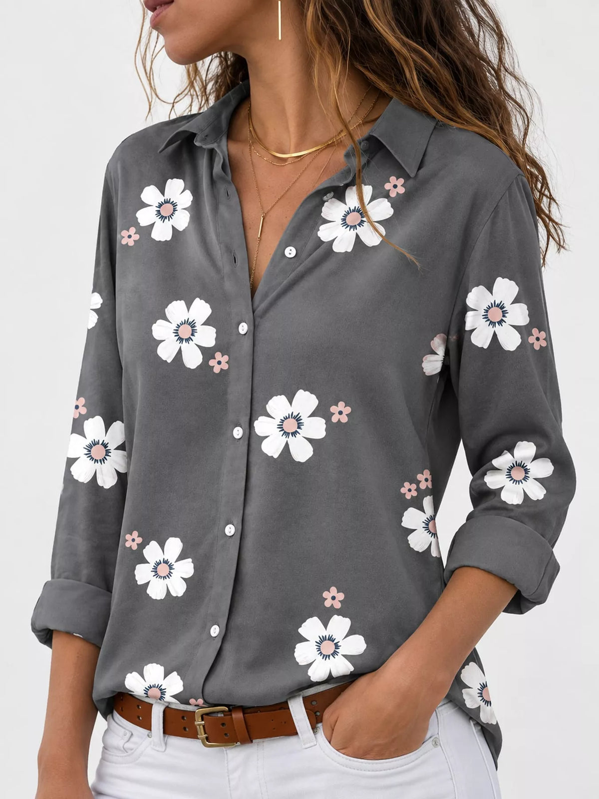 Full Size Floral Print Button-Down Casual Shirt Plus Size | STAHlin RADIANCE