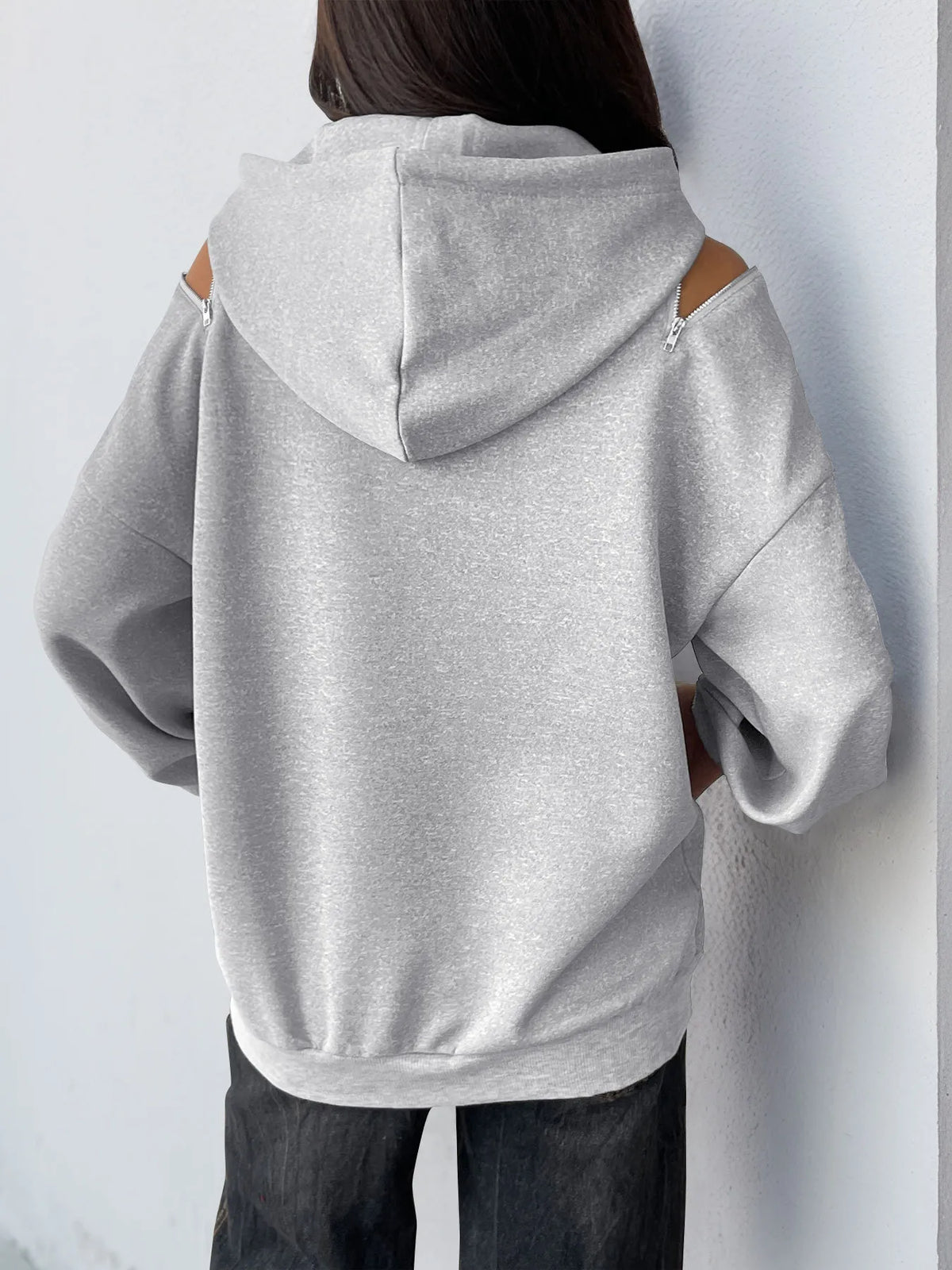 Drawstring Zip Detail Cold Shoulder Hoodie | STAHlin RADIANCE