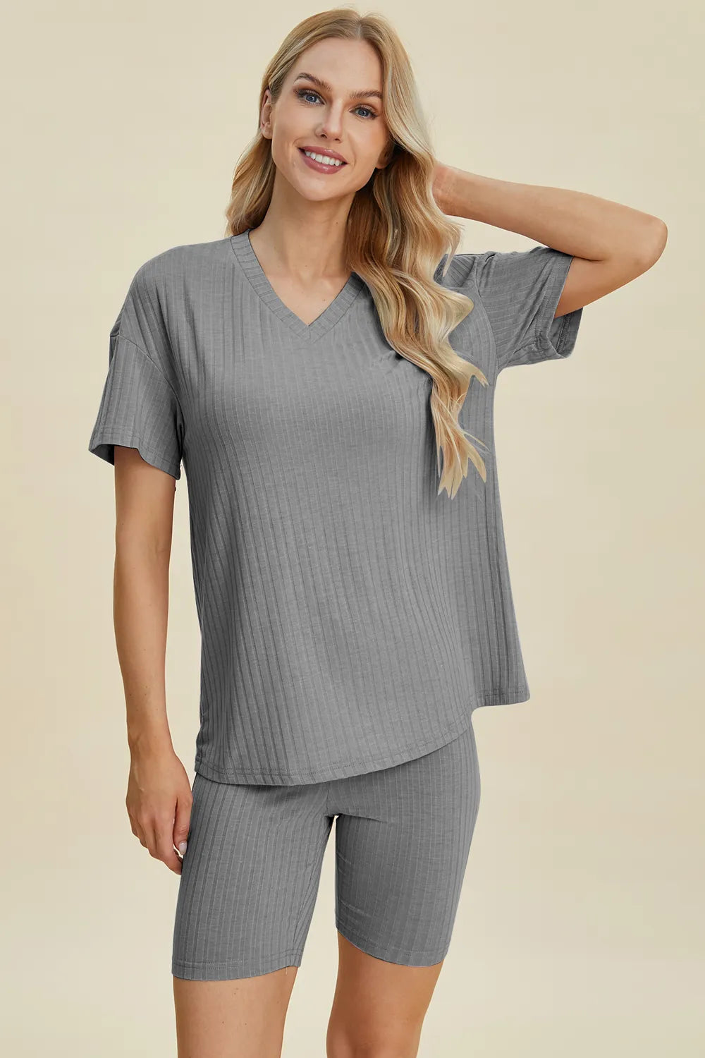 Basic Bae Full Size Ribbed V-Neck Short Sleeve Top and Shorts Set | STAHlin RADIANCE