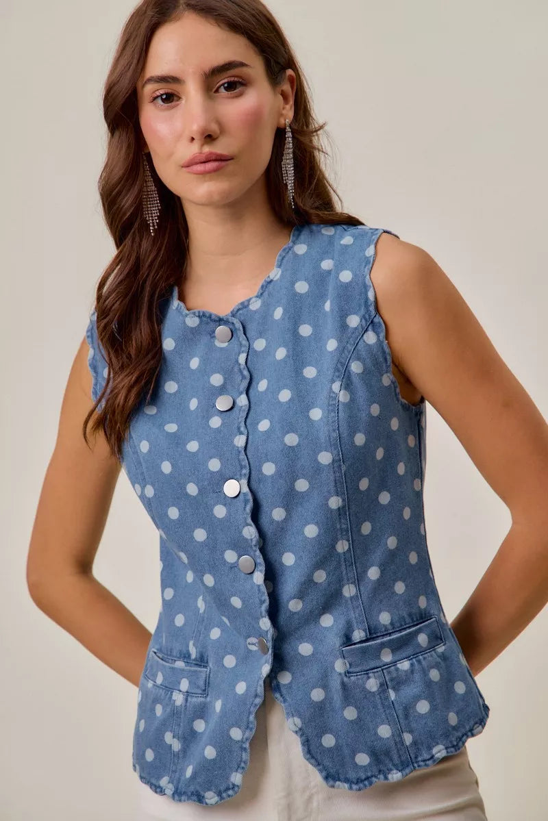 SO ME Polka Dot Denim Scallop Edge Button Down Vest Top | STAHlin RADIANCE