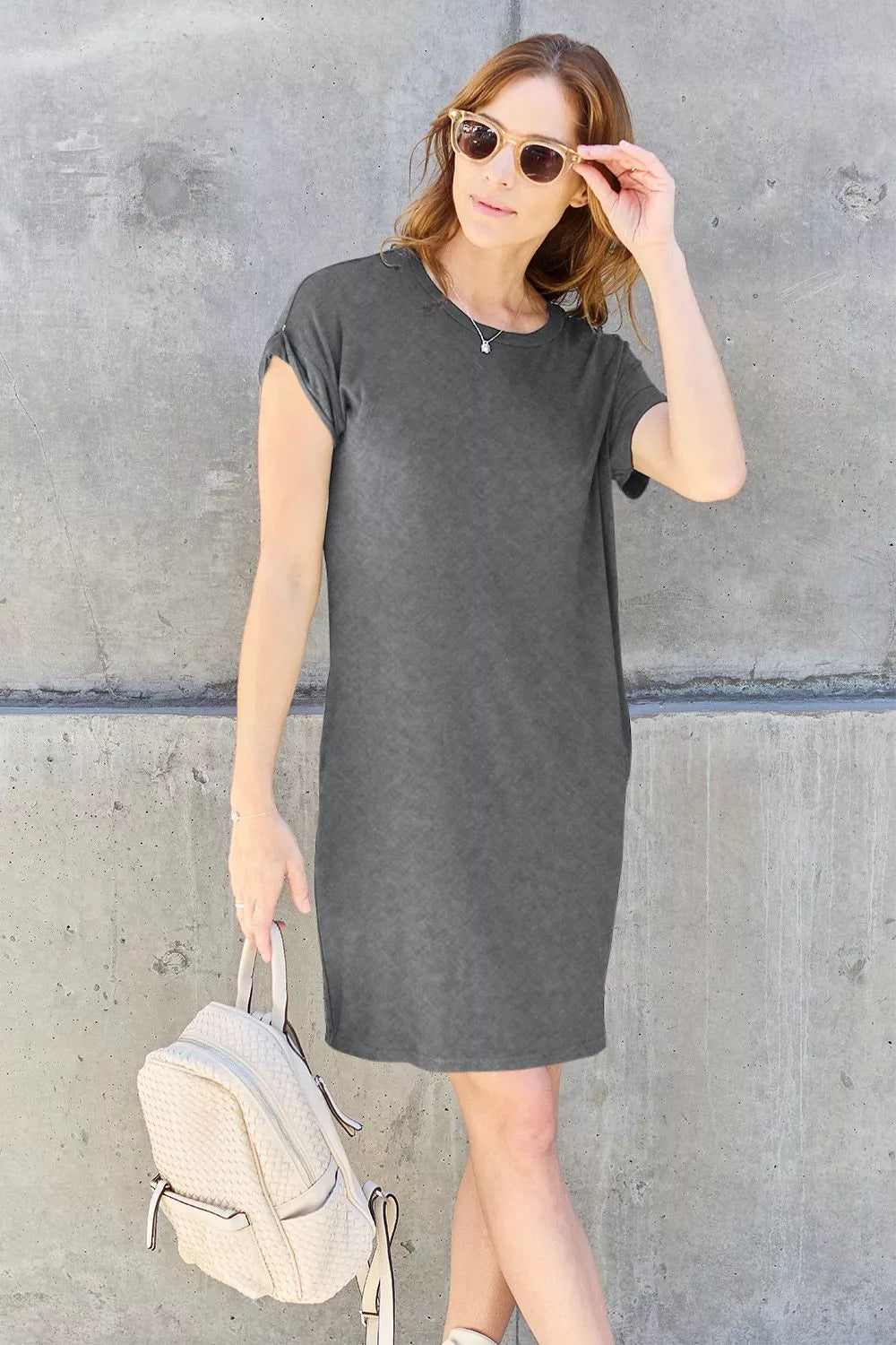 Basic Bae Full Size Solid Round Neck Short Sleeve Casual Loose Mini T-Shirt Dress with Side Pockets | STAHlin RADIANCE