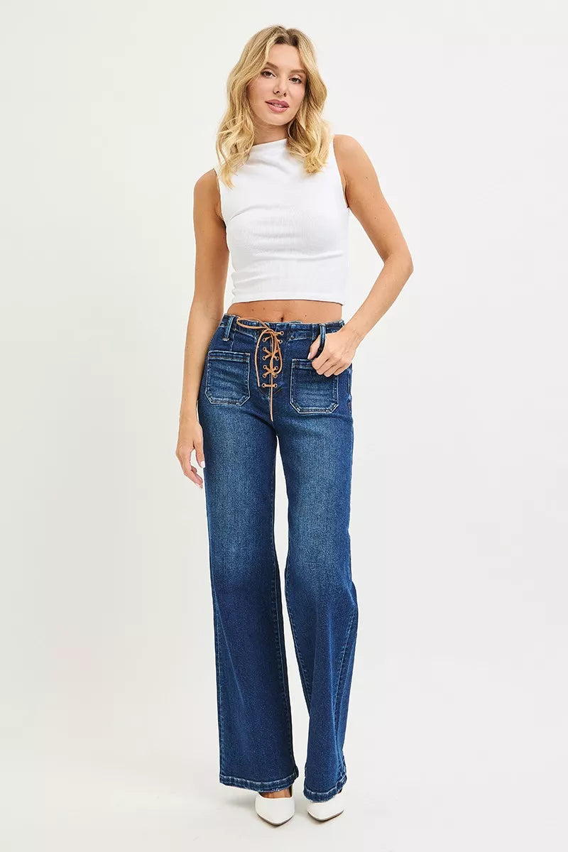 RISEN Full Size High Rise Wide Leg Jeans with Front Tie Detail Plus Size | STAHlin RADIANCE