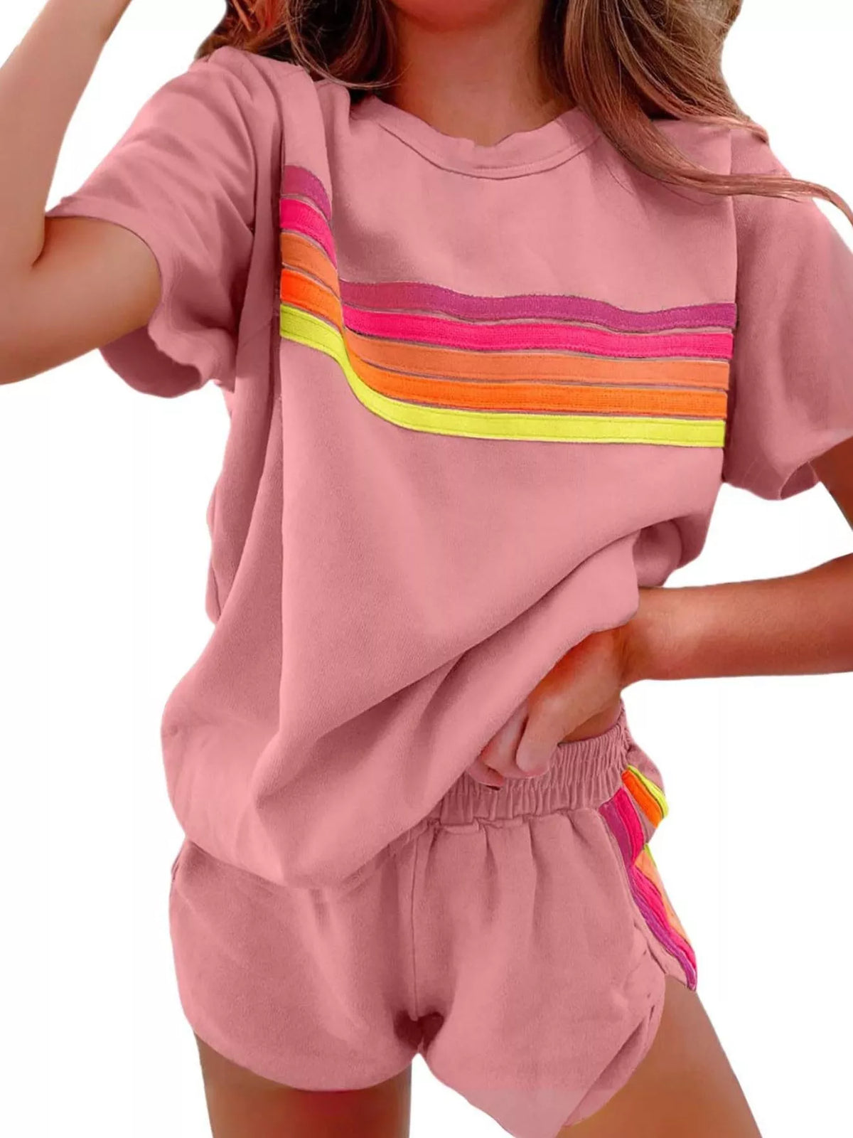 Rainbow Striped Round Neck Top and Shorts Set | STAHlin RADIANCE