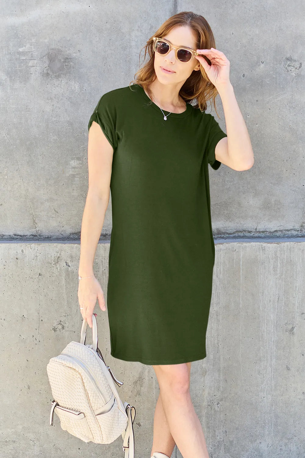Basic Bae Full Size Solid Round Neck Short Sleeve Casual Loose Mini T-Shirt Dress with Side Pockets | STAHlin RADIANCE
