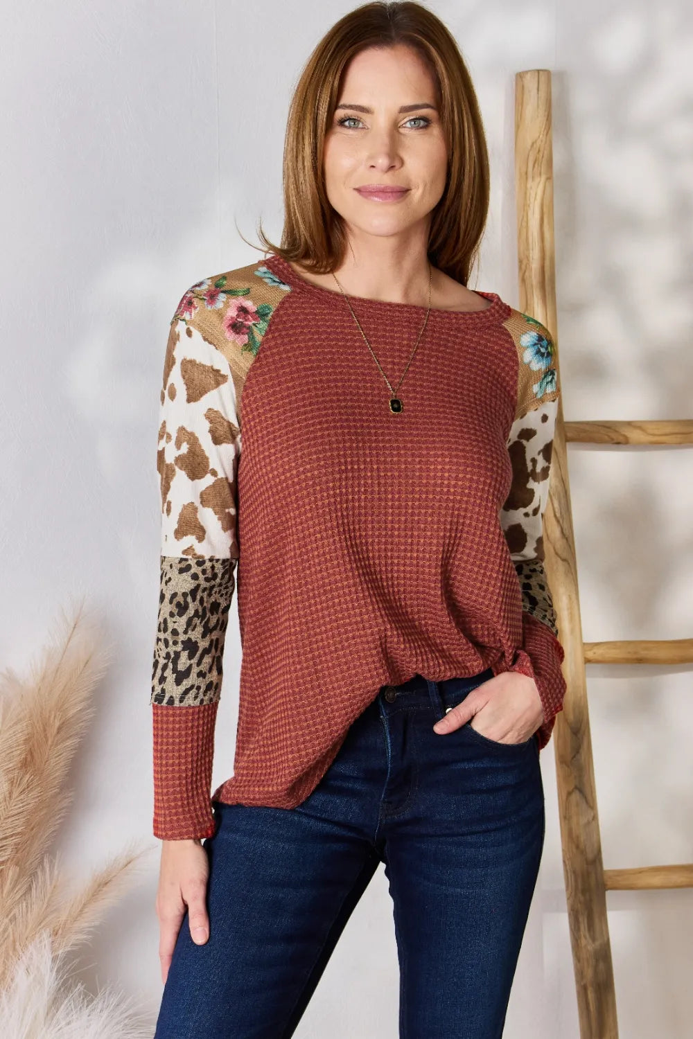 Hailey & Co Full Size Leopard Waffle-Knit Blouse | STAHlin RADIANCE