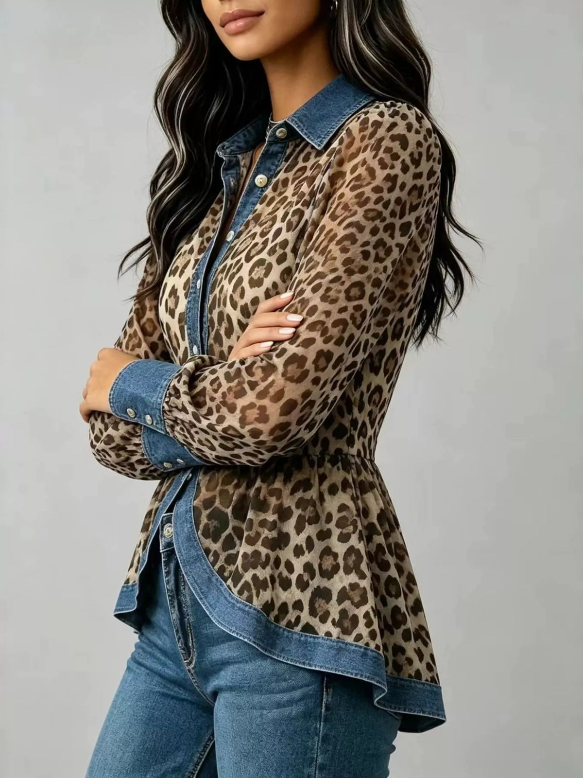 Full Size Leopard Print Blouse with Denim Contrast Trim Plus Size | STAHlin RADIANCE