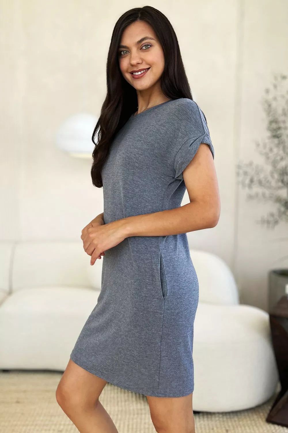 Basic Bae Full Size Solid Round Neck Short Sleeve Casual Loose Mini T-Shirt Dress with Side Pockets | STAHlin RADIANCE