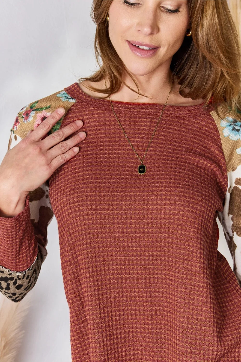 Hailey & Co Full Size Leopard Waffle-Knit Blouse | STAHlin RADIANCE