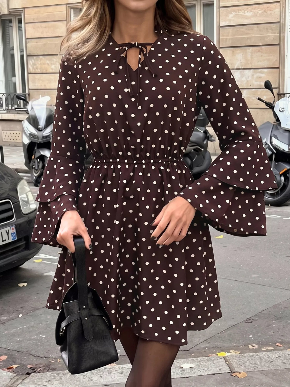 Polka Dot Flare Sleeve Tie Neck Dress | STAHlin RADIANCE