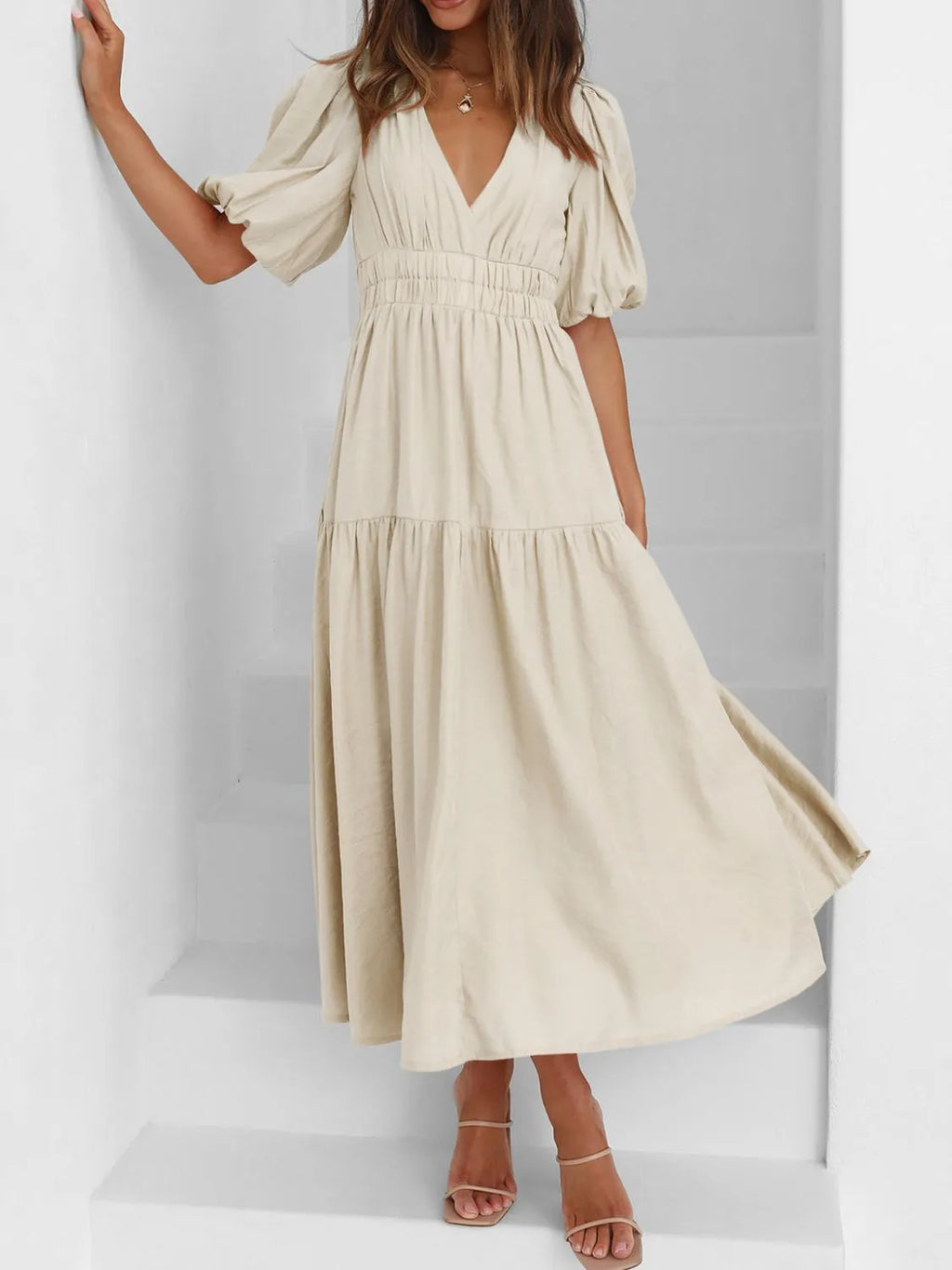 V-Neck Puff Sleeve Midi Dress | STAHlin RADIANCE