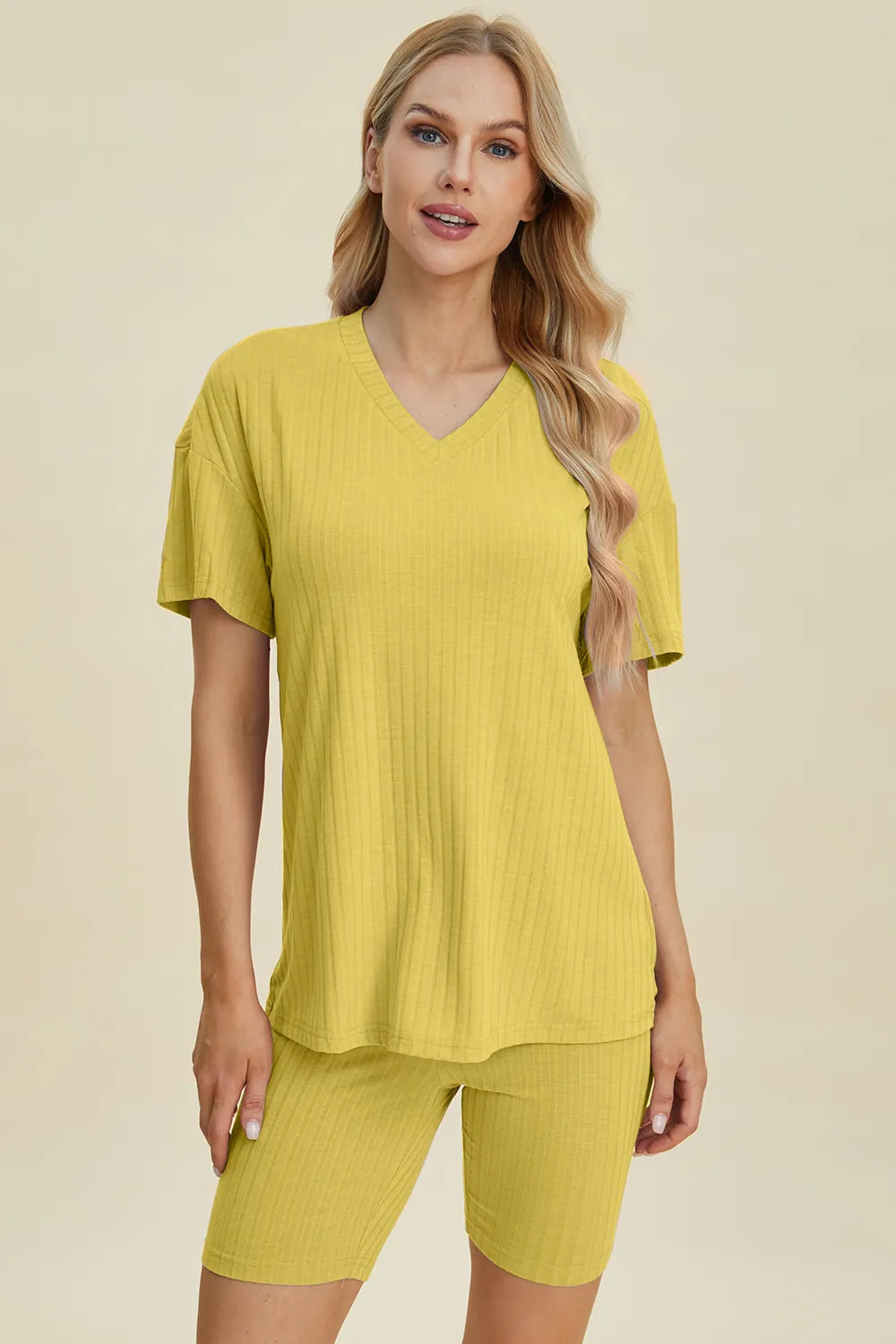 Basic Bae Full Size Ribbed V-Neck Short Sleeve Top and Shorts Set | STAHlin RADIANCE