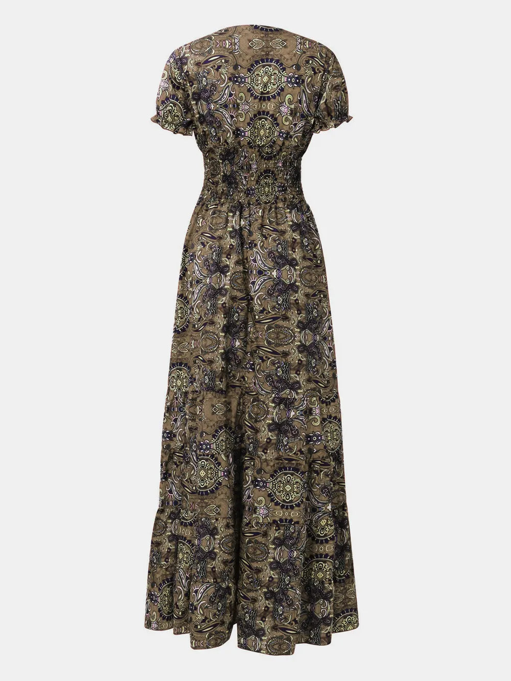 Full Size Smocked Printed V-Neck Short Sleeve Dress | STAHlin RADIANCE