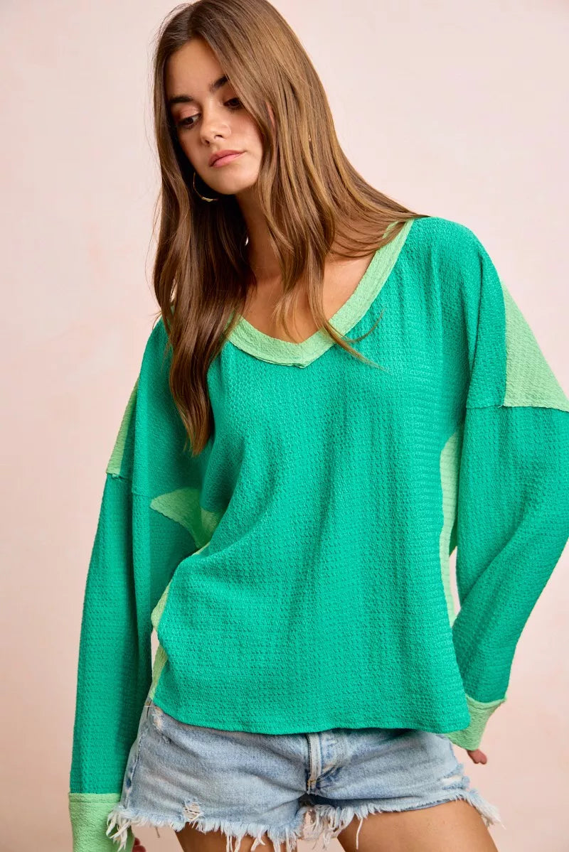 BiBi Textured Jersey Color Block Top With Cut Edge | STAHlin RADIANCE