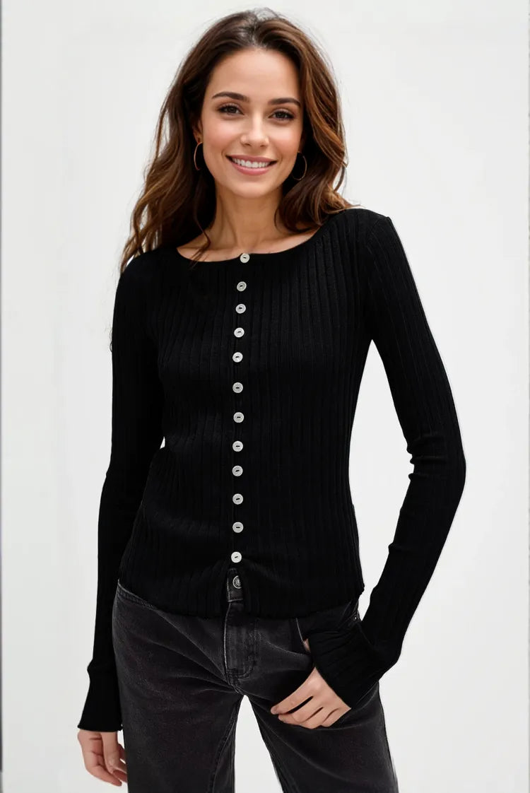 Basic Bae Texture Button Up Round Neck Long Sleeve Top | STAHlin RADIANCE