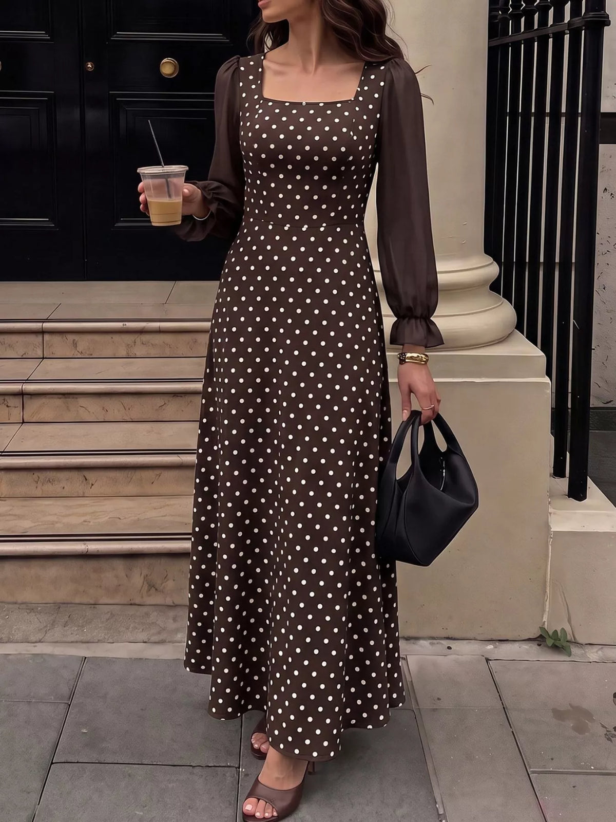 Polka Dot Square Neck Long Sleeve Maxi Dress | STAHlin RADIANCE