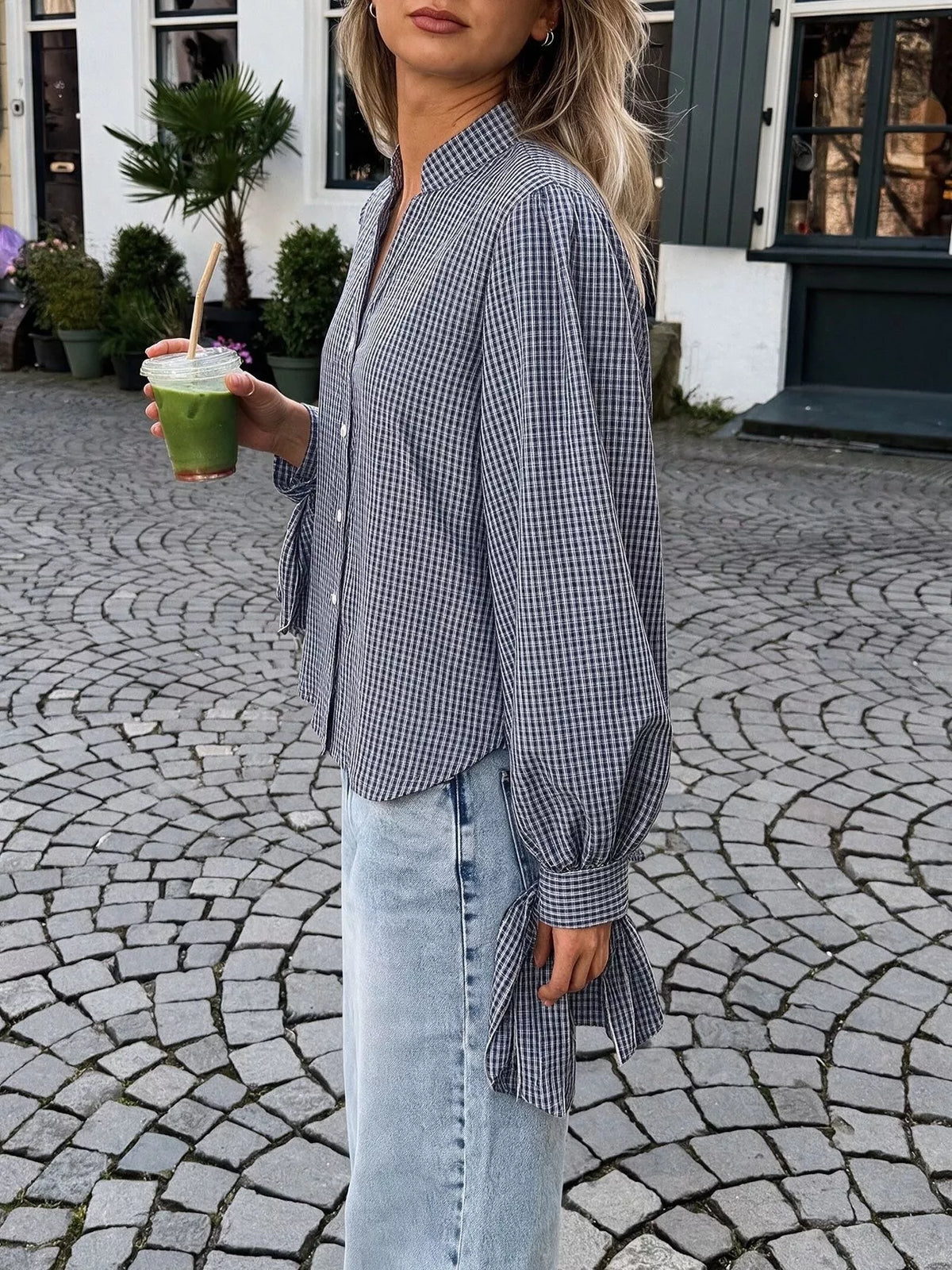 Gingham Button Up Shirt with Tie-Sleeve Detail | STAHlin RADIANCE