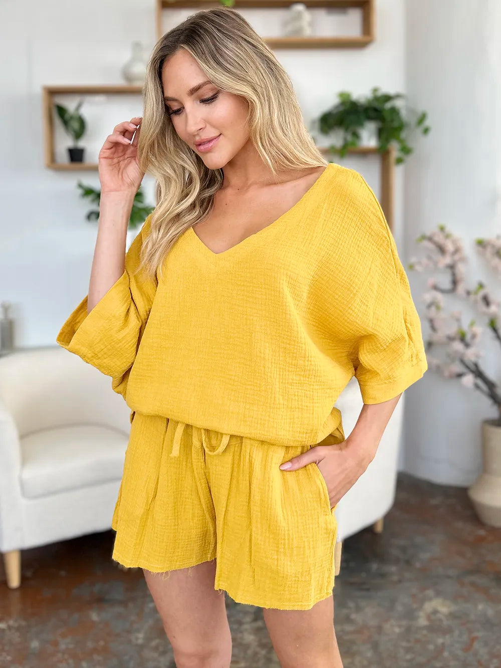 Double Take Texture Half Sleeve T-Shirt and Drawstring Shorts Set | STAHlin RADIANCE