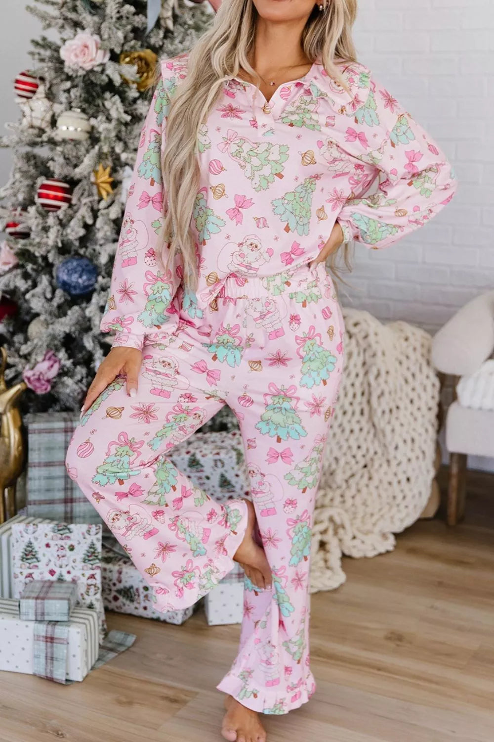 Christmas Print Button Front Long Sleeve Lounge Set | STAHlin RADIANCE