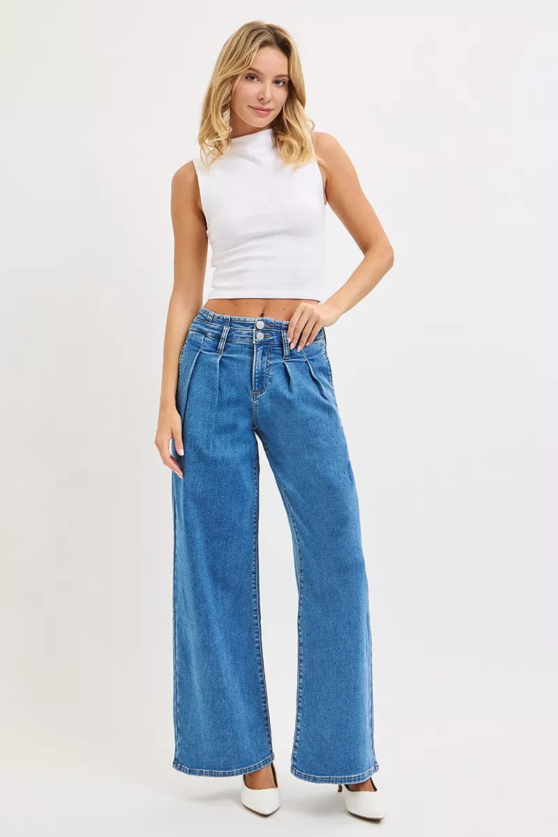 RISEN Full Size Mid Rise Fit Wide Leg with Pleated Detail Jeans Plus Size | STAHlin RADIANCE