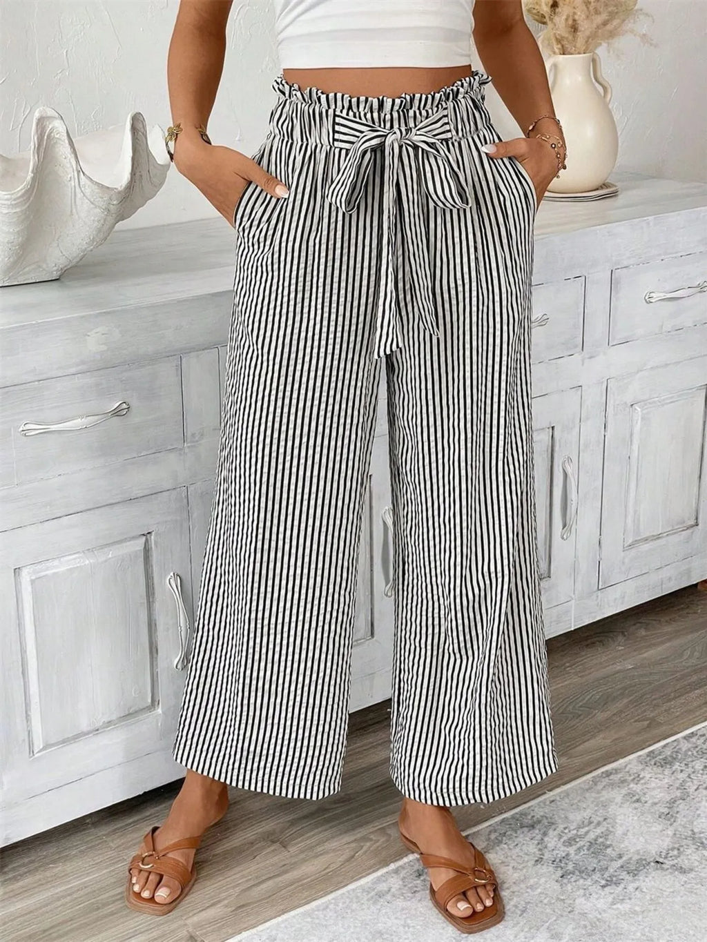 Full Size Striped Wide Leg Paper Bag Pants Plus Size | STAHlin RADIANCE