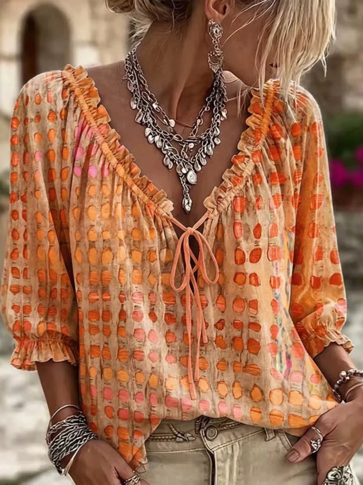 Full Size Tie Neck 3/4 Sleeve Blouse Plus Size | STAHlin RADIANCE