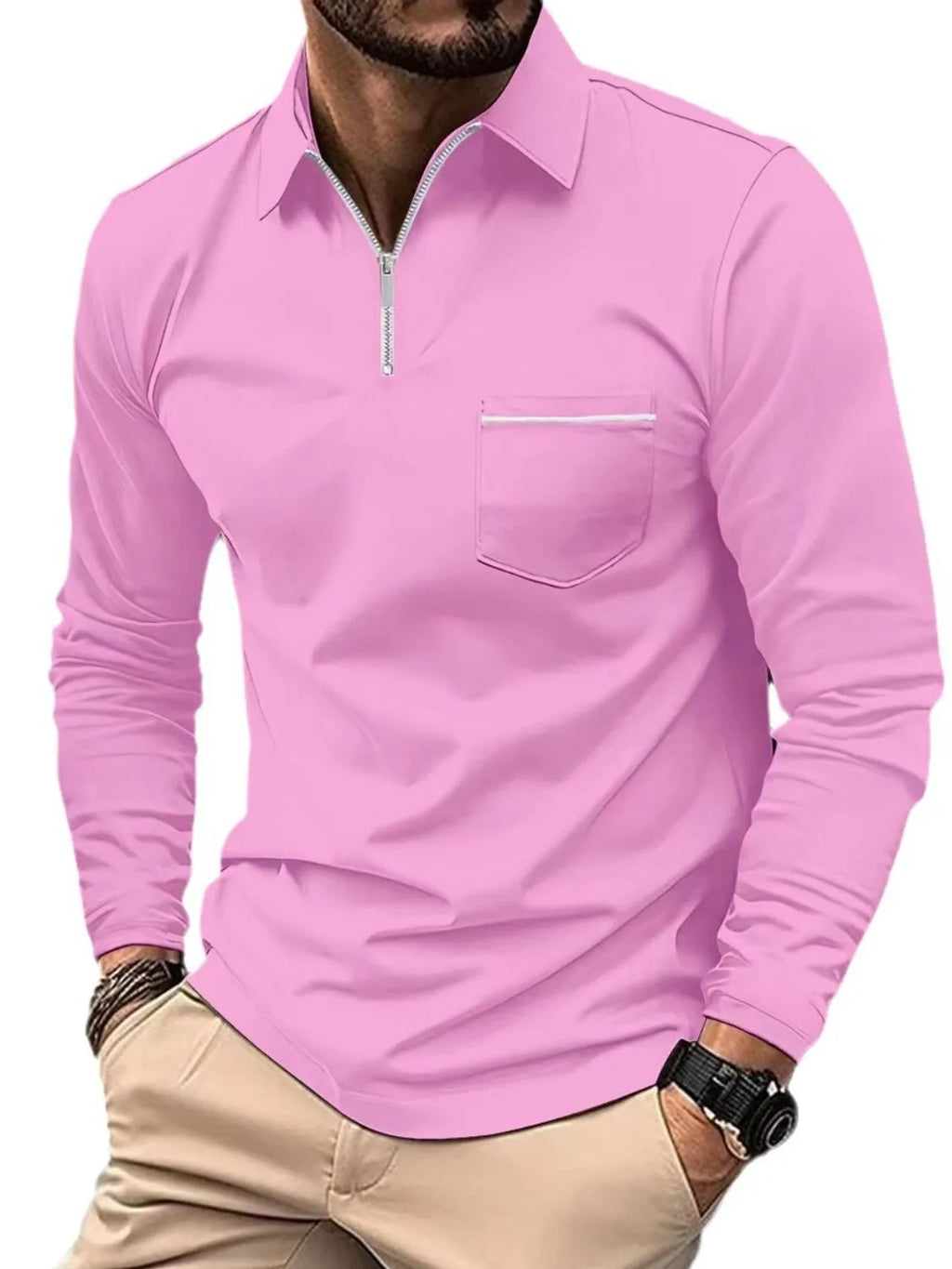 Men's Full Size Collared Neck Long Sleeve Polo Plus Size | STAHlin RADIANCE