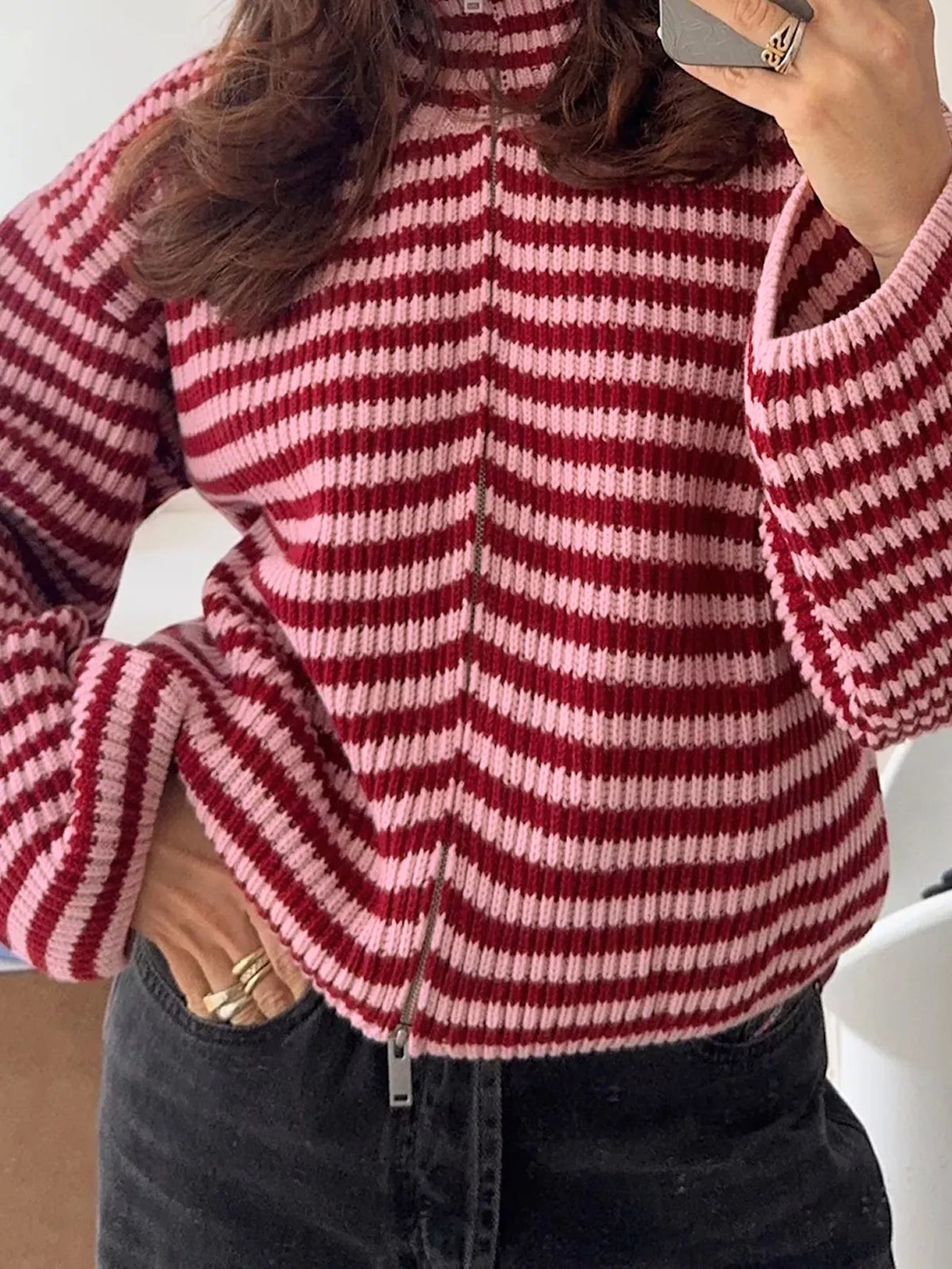 Striped High Neck Zip-up Sweater Long Sleeve Casual Fit Drop Shoulder Open Front Cardigan | STAHlin RADIANCE