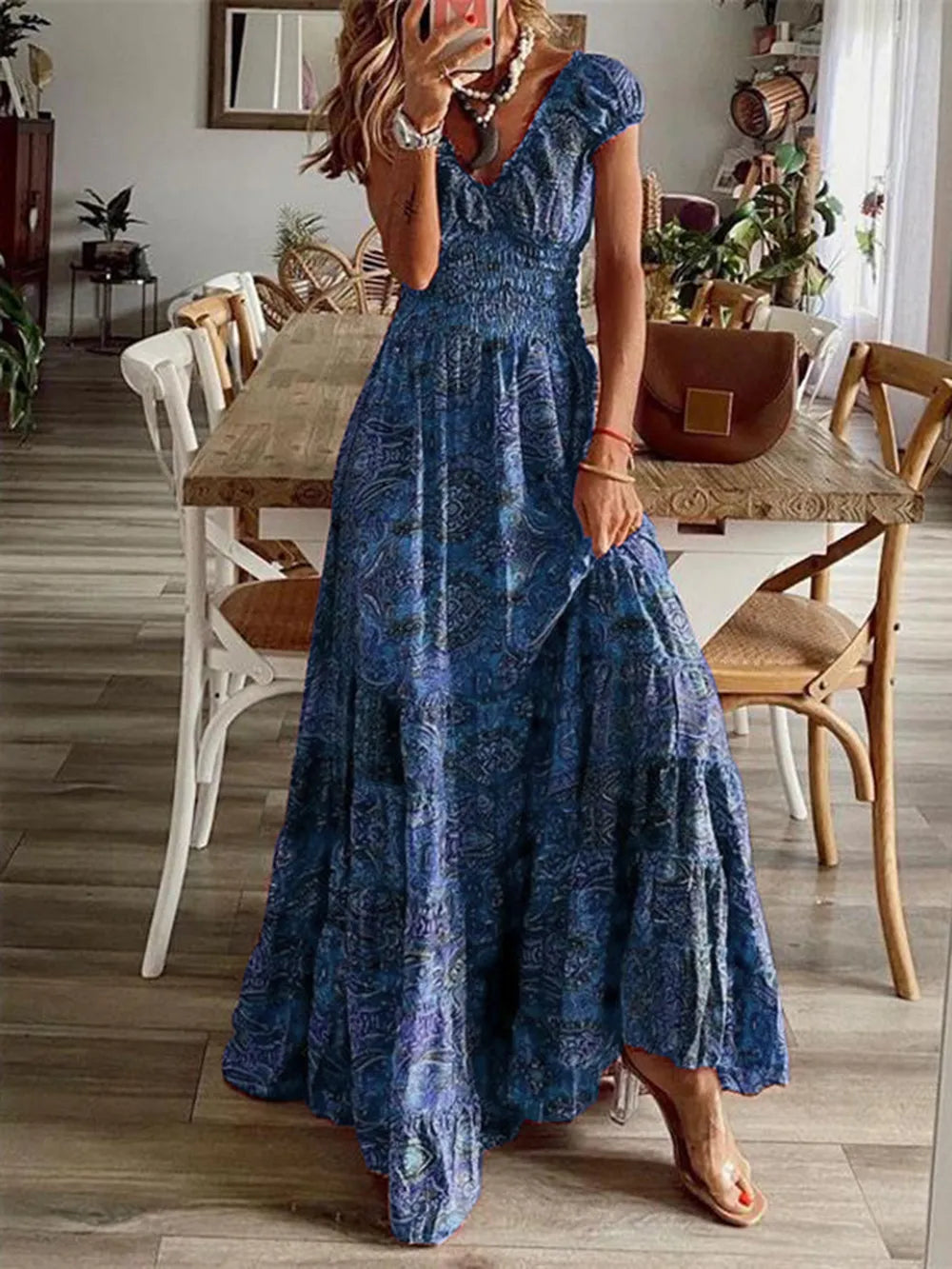 Full Size Smocked Printed V-Neck Short Sleeve Dress | STAHlin RADIANCE
