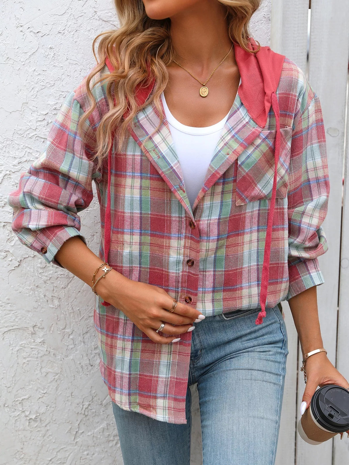 Plaid Button-Up Hooded Shirt with Chest Pocket | STAHlin RADIANCE