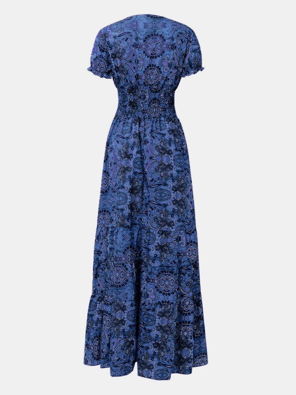 Full Size Smocked Printed V-Neck Short Sleeve Dress | STAHlin RADIANCE