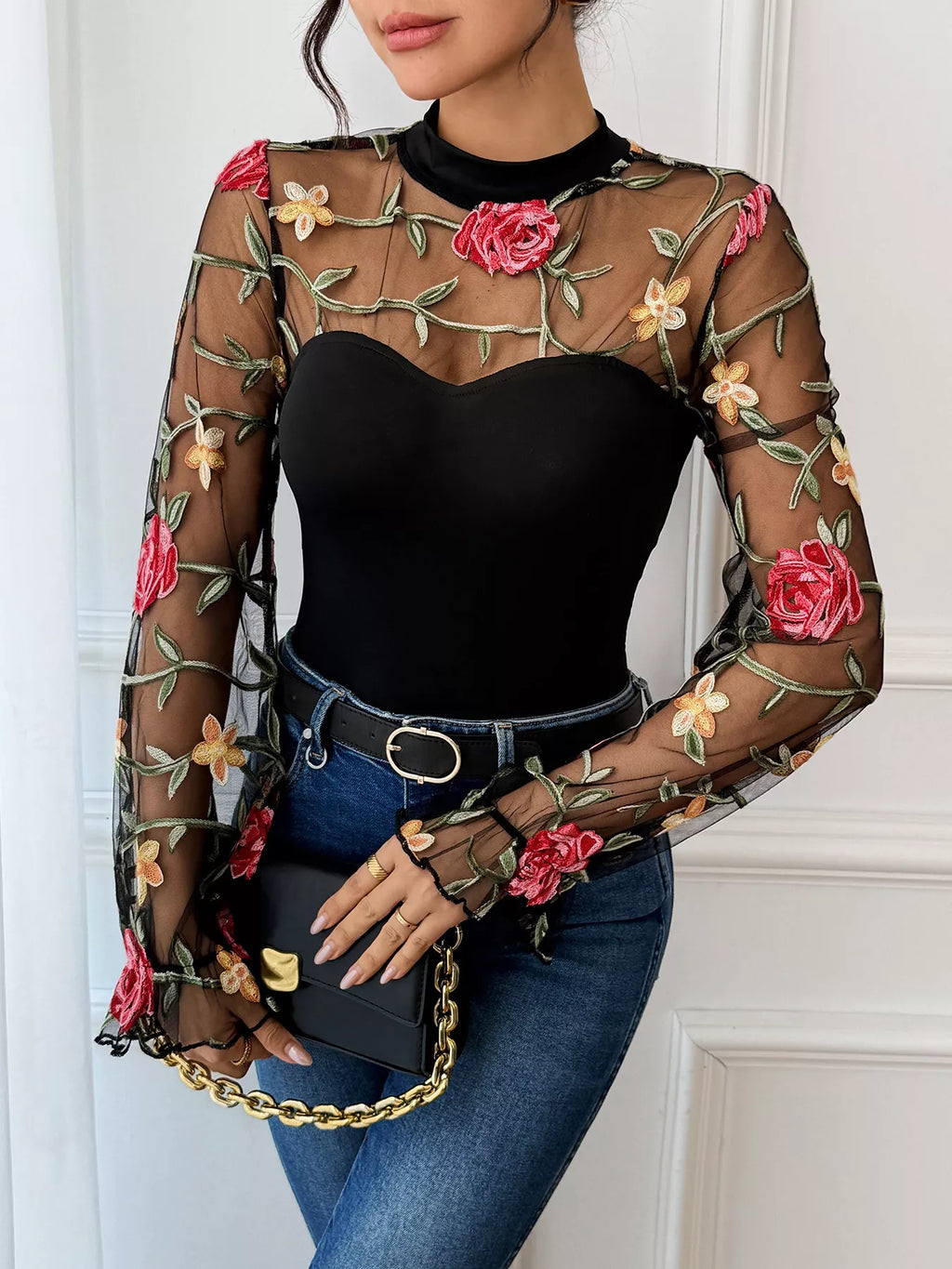 Floral Embroidered Mesh Long Sleeve Bodysuit | STAHlin RADIANCE