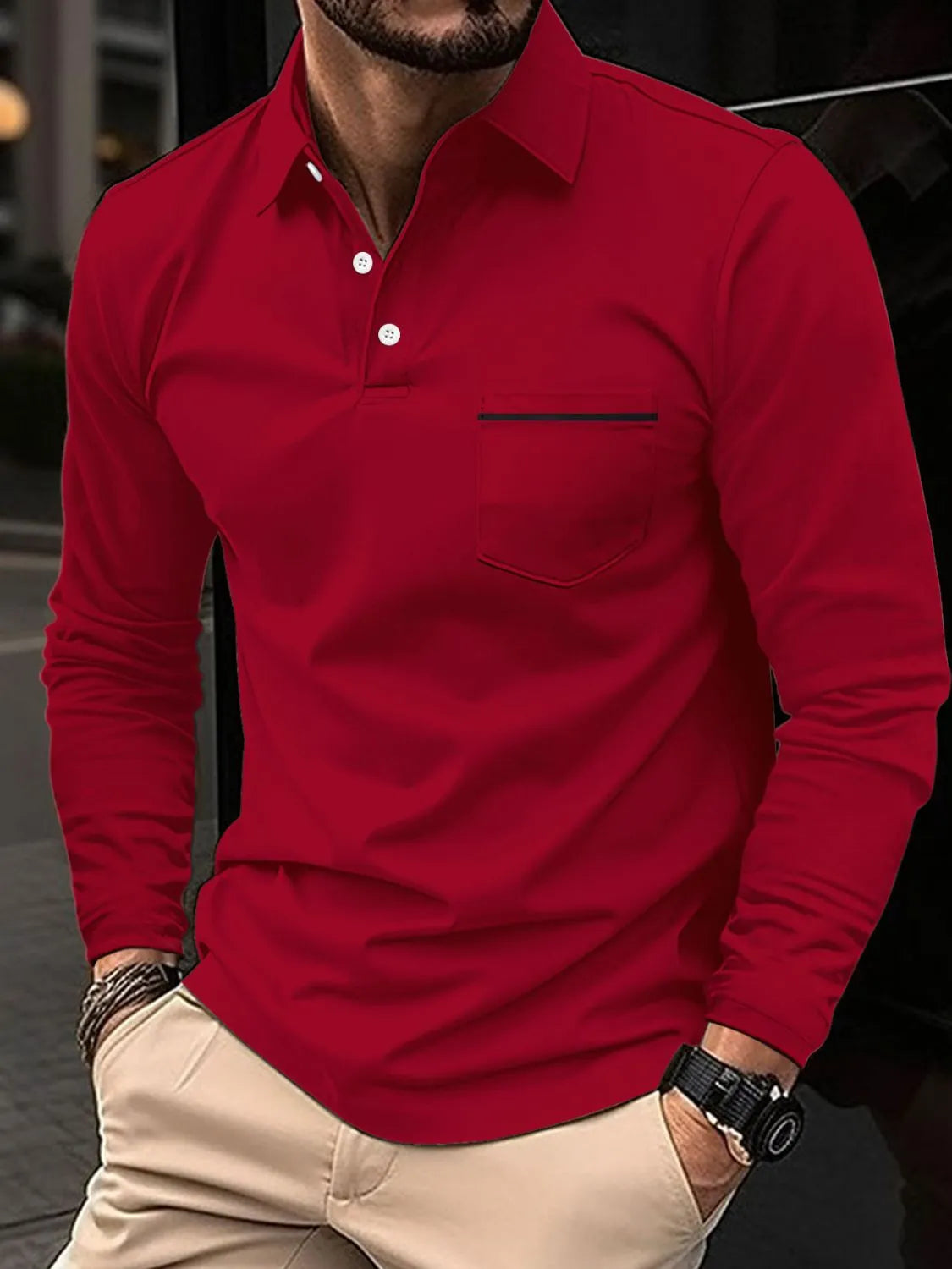 Men's Full Size Button Detail Long Sleeve Polo Plus Size | STAHlin RADIANCE
