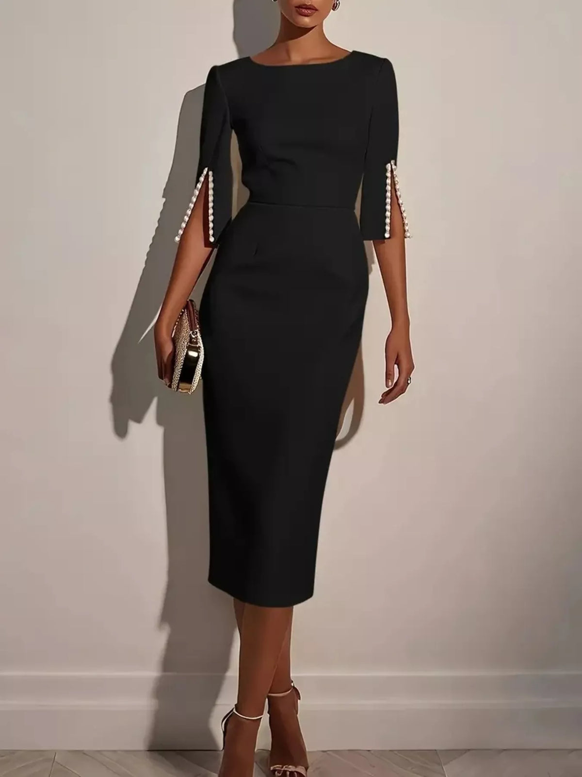 Slim-Fit Elegant Midi Dress with Beaded Slit Sleeve | STAHlin RADIANCE