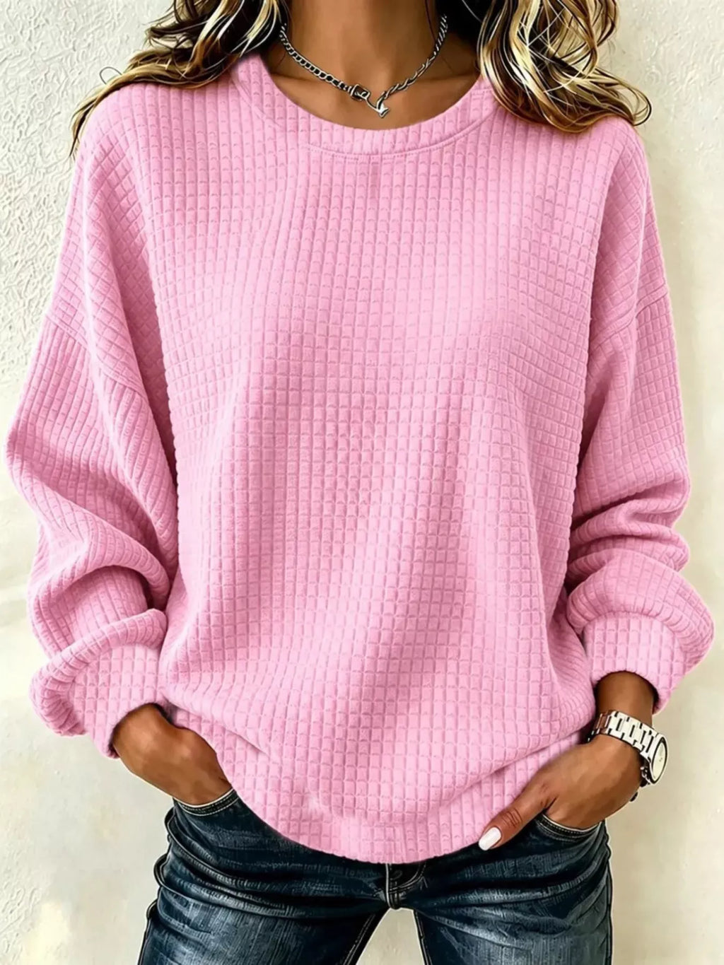 Full Size Textured Crew Neck Long Sleeve Sweatshirt Plus Size | STAHlin RADIANCE