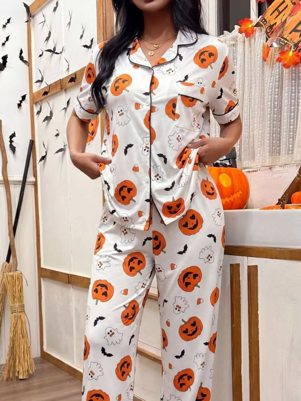 Halloween Pumpkin Print Button-Down Top and Pants Set | STAHlin RADIANCE