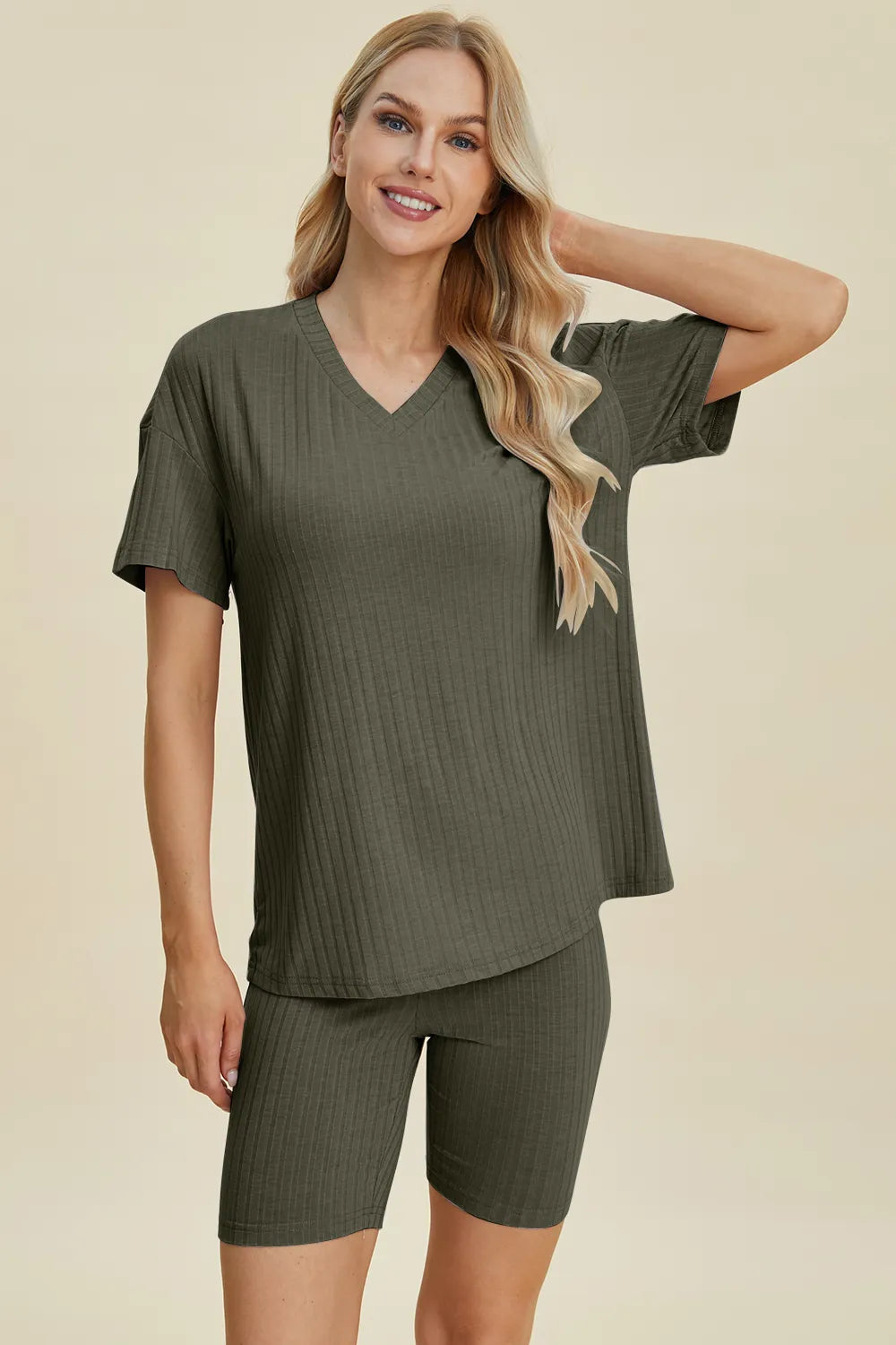 Basic Bae Full Size Ribbed V-Neck Short Sleeve Top and Shorts Set | STAHlin RADIANCE