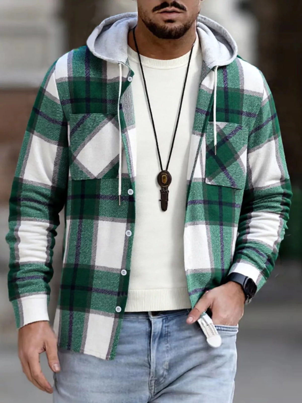 Men's Full Size Casual Plaid Hooded Shacket with Dual Chest Pockets Plus Size | STAHlin RADIANCE