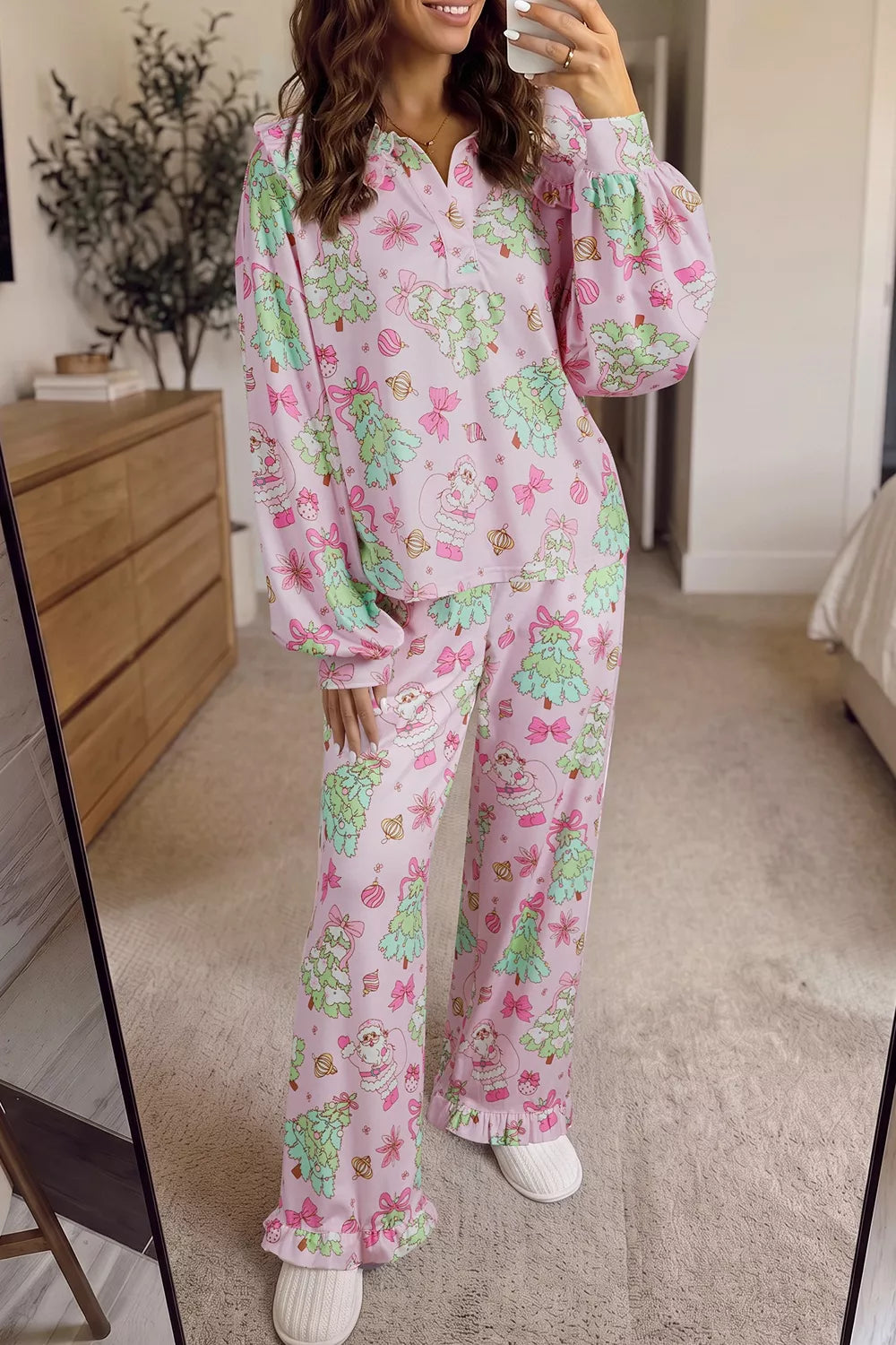 Christmas Print Button Front Long Sleeve Lounge Set | STAHlin RADIANCE