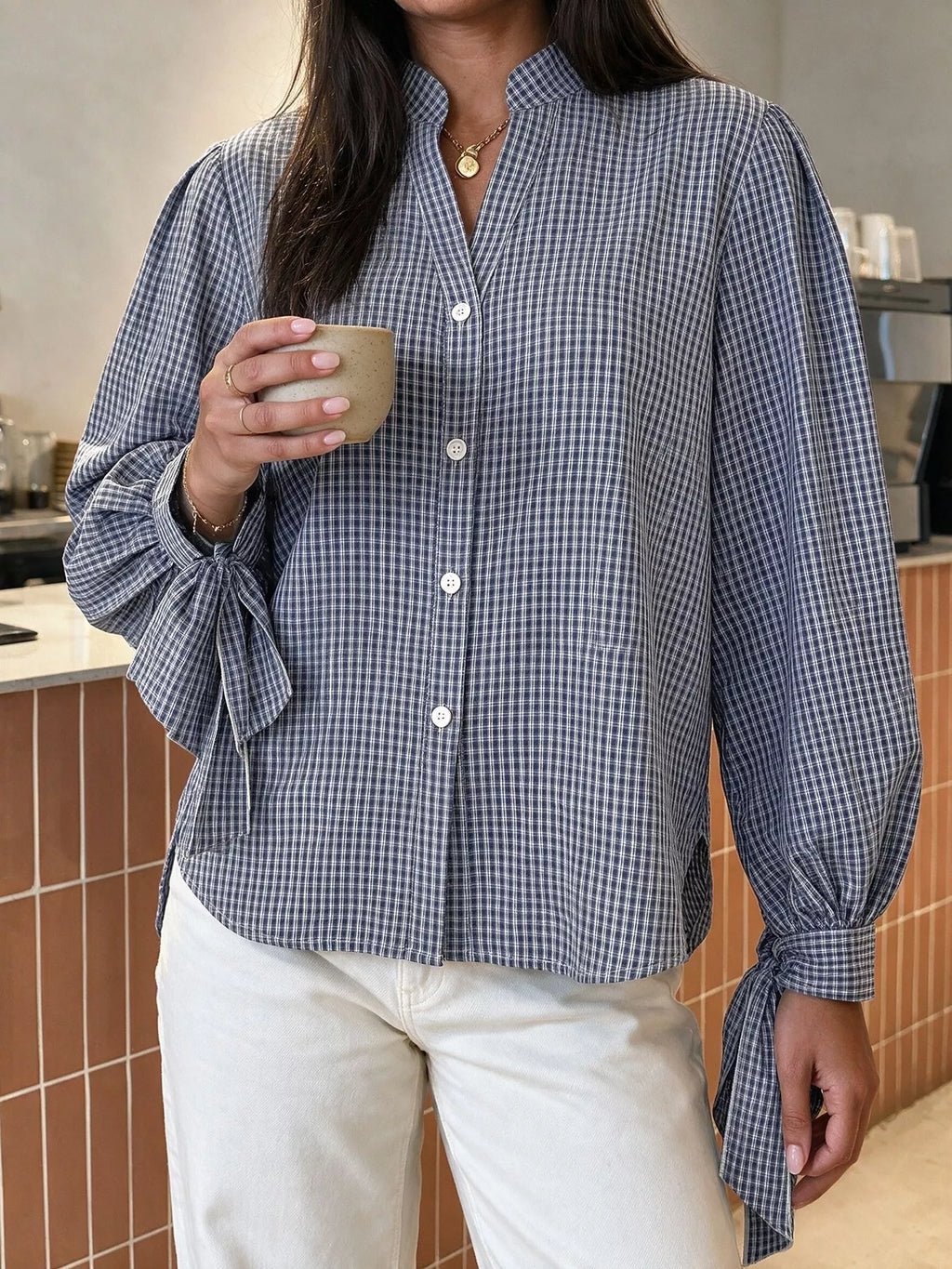 Gingham Button Up Shirt with Tie-Sleeve Detail | STAHlin RADIANCE