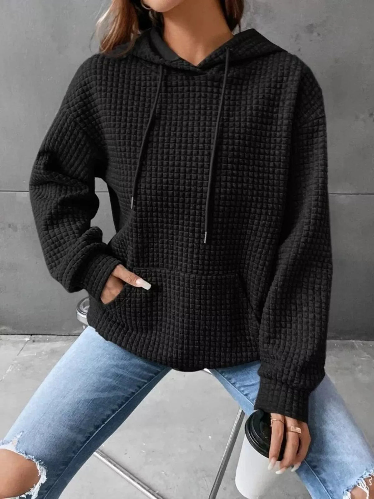 Full Size Textured Kangaroo Pocket Hoodie Plus Size | STAHlin RADIANCE