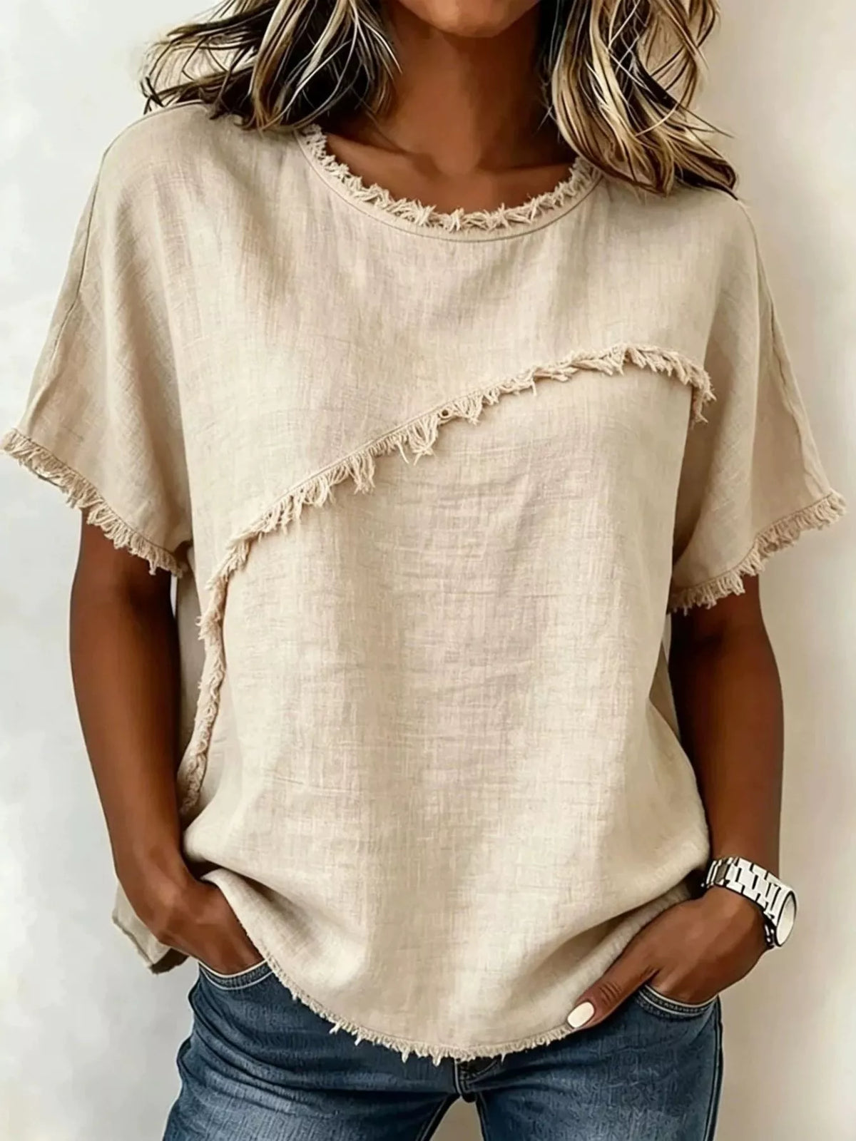 Full Size Frayed Hem Short Sleeve Top Plus Size | STAHlin RADIANCE