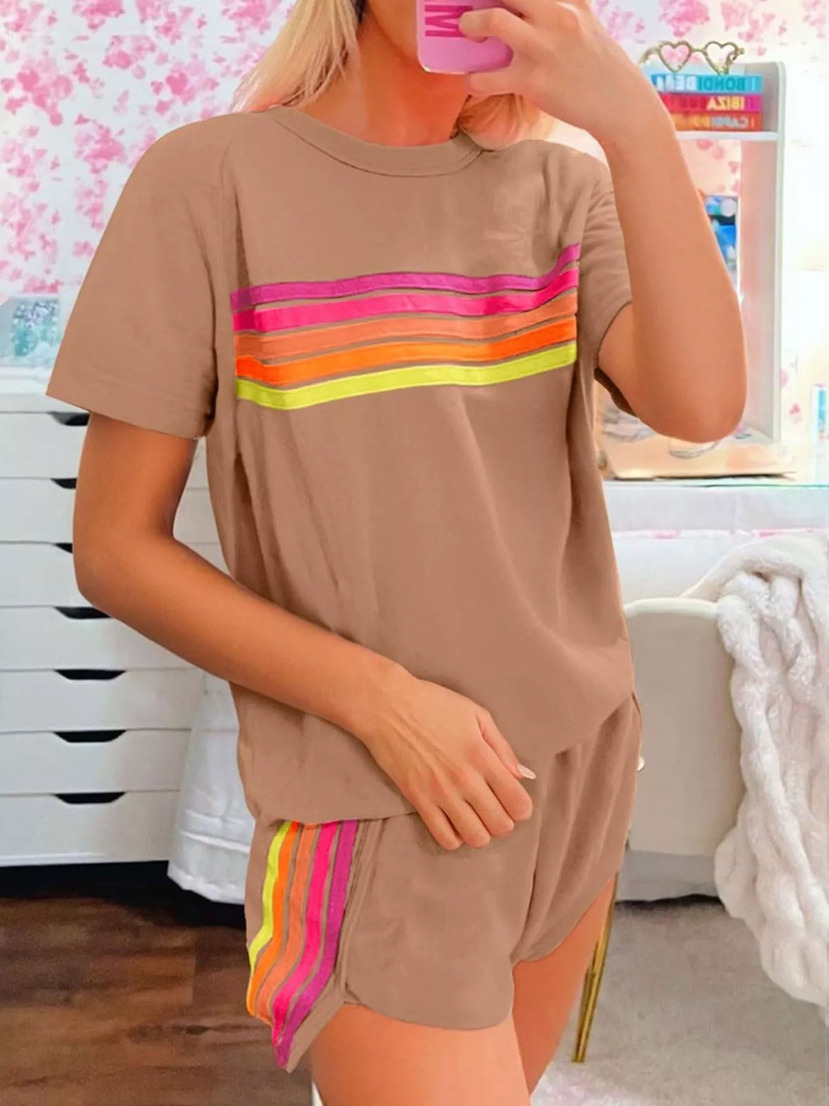 Rainbow Striped Round Neck Top and Shorts Set | STAHlin RADIANCE