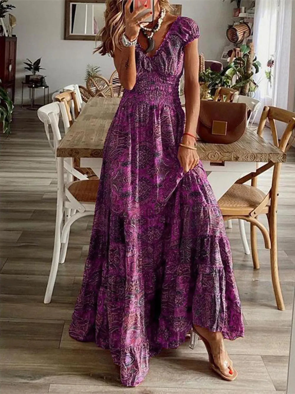 Full Size Smocked Printed V-Neck Short Sleeve Dress | STAHlin RADIANCE