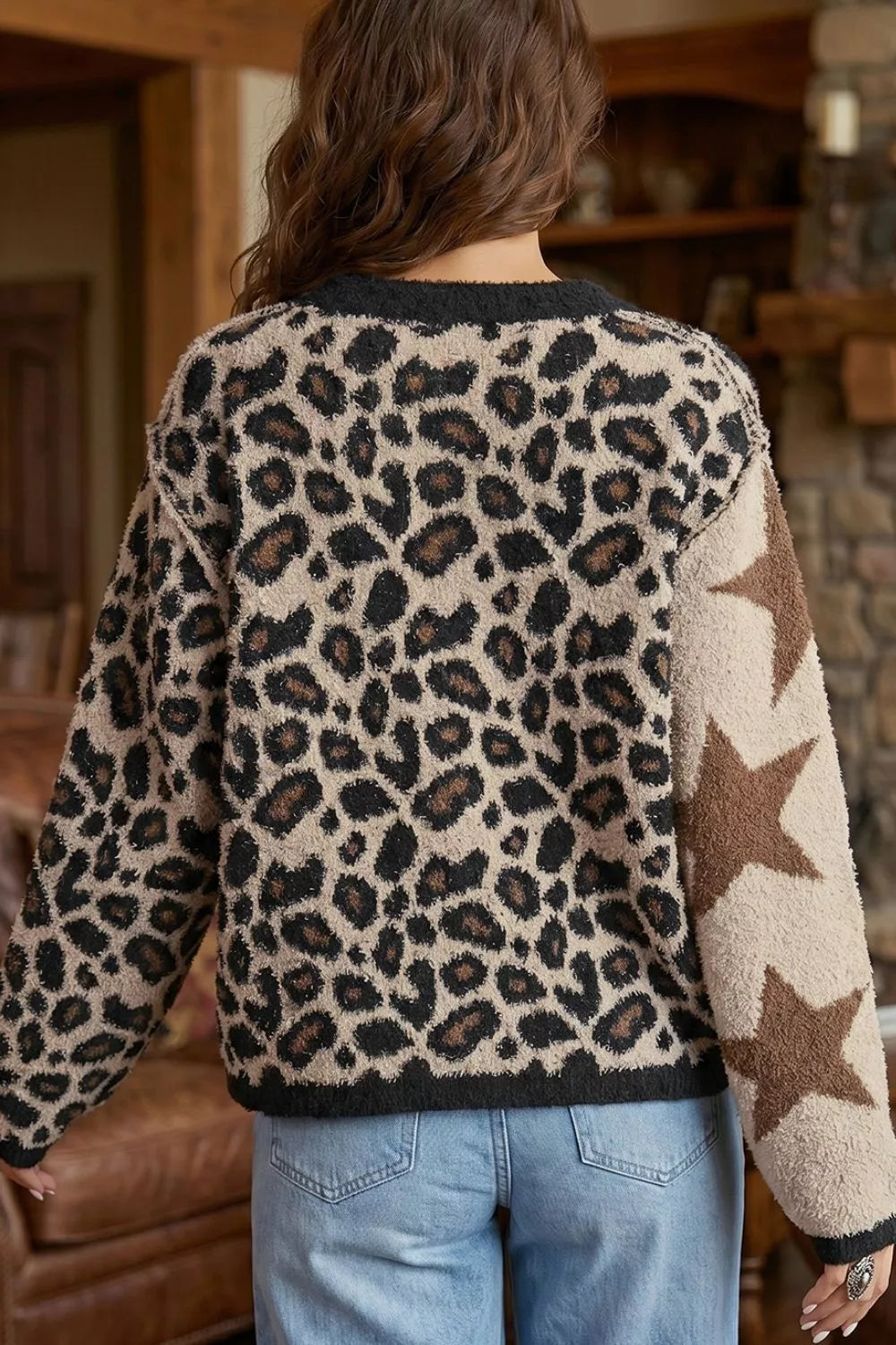 Leopard Star Pattern Round Neck Long Sleeve Shift Sweater | STAHlin RADIANCE