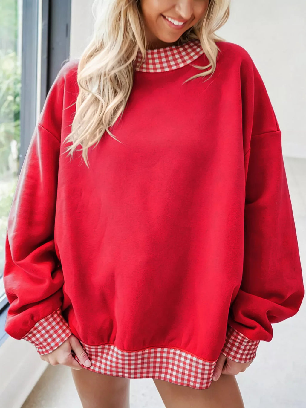 Gingham Trim Dropped Shoulder Sweatshirt | STAHlin RADIANCE