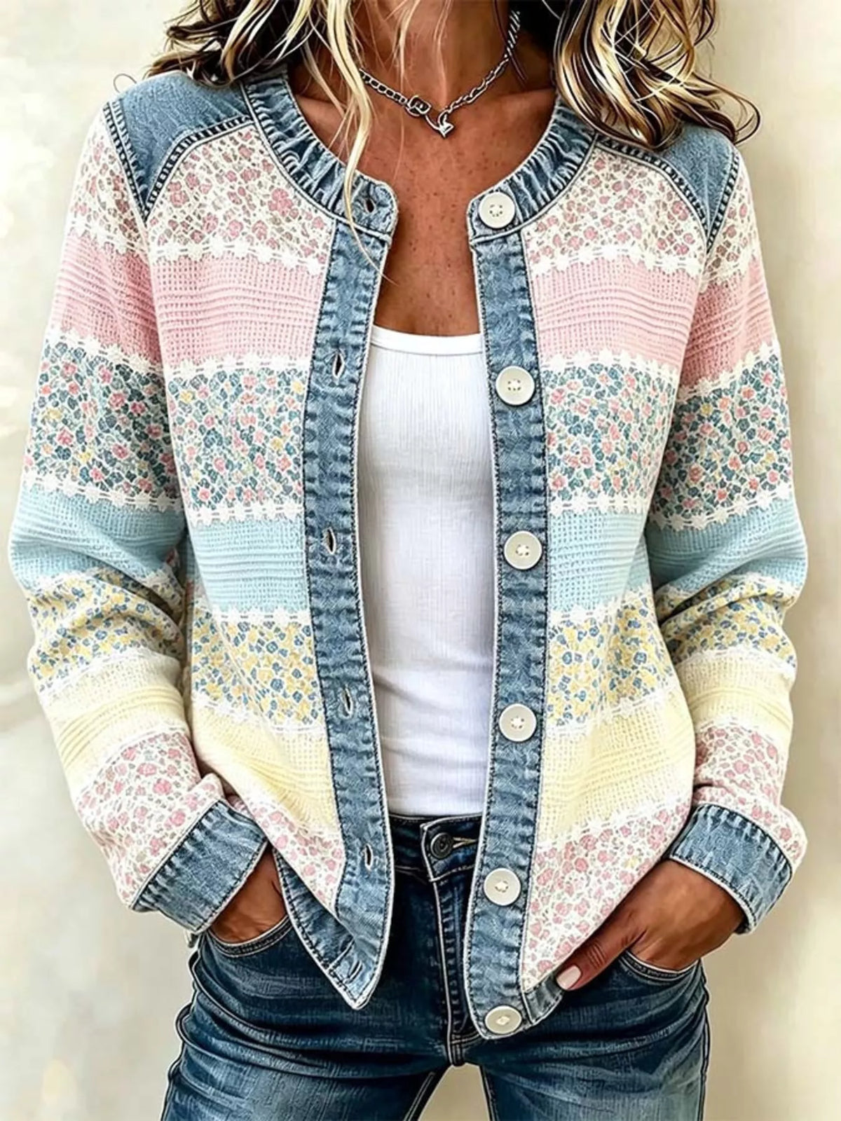 Full Size Floral Patchwork Denim Trim Jacket Plus Size | STAHlin RADIANCE