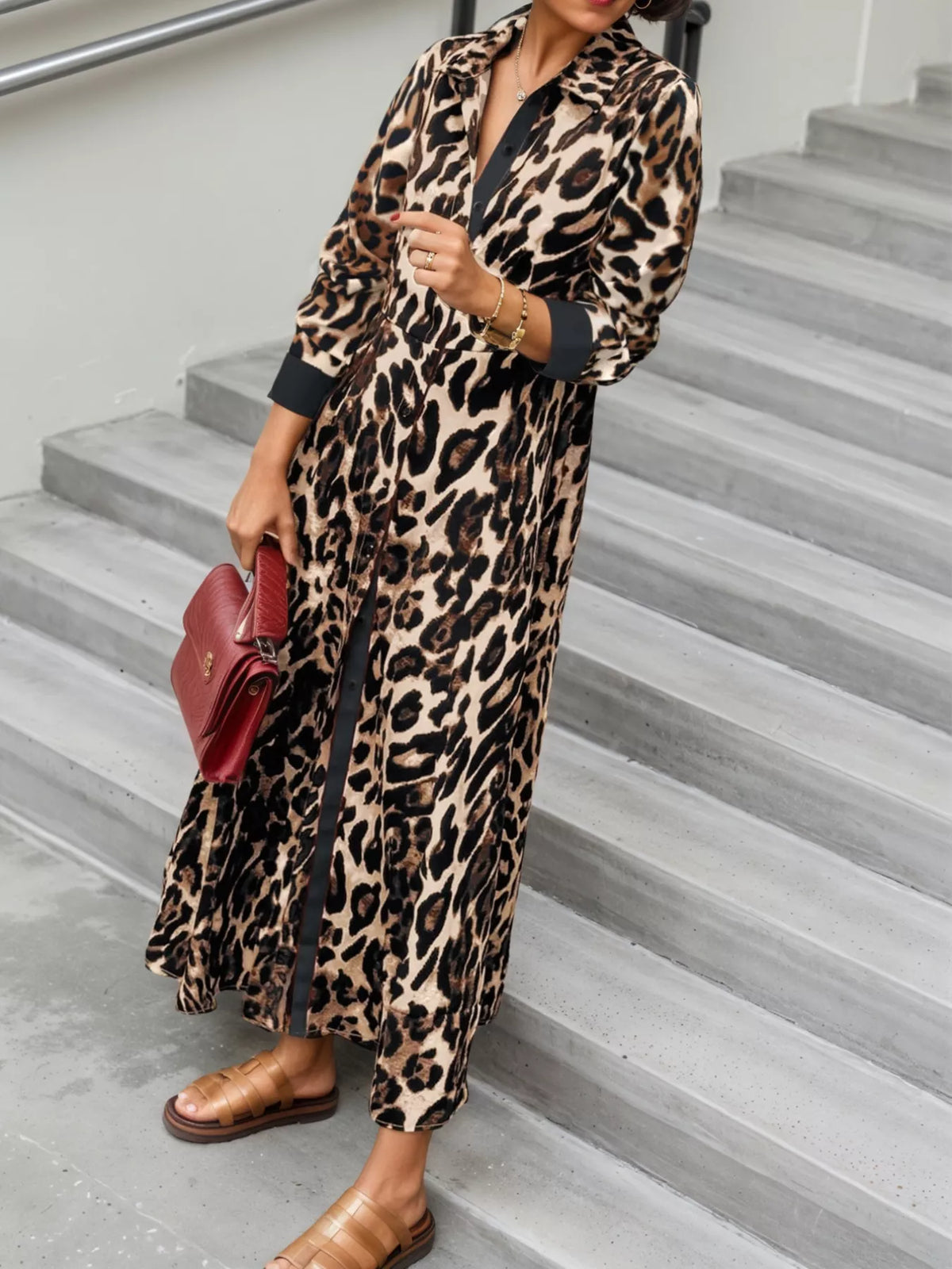 Leopard Print Long Sleeve Shirt Dress with Contrast Trim | STAHlin RADIANCE