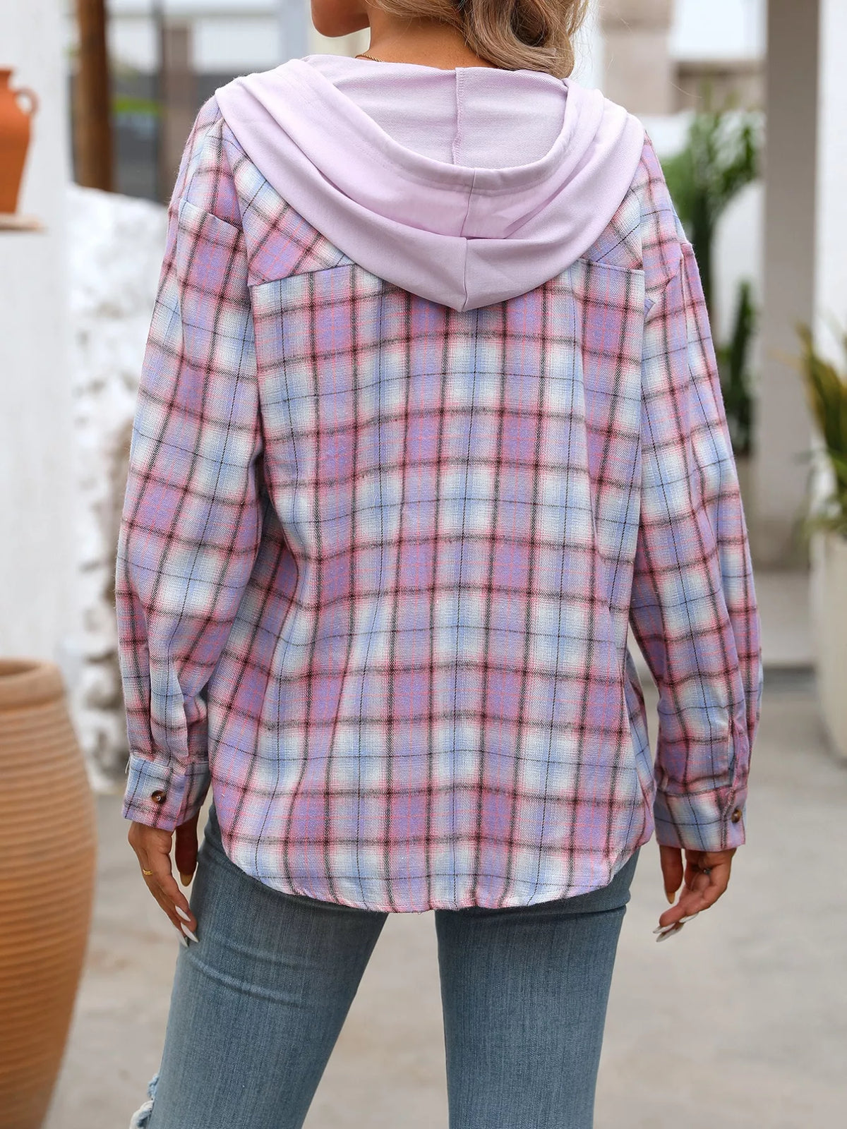 Plaid Button-Up Hooded Shirt with Chest Pocket | STAHlin RADIANCE