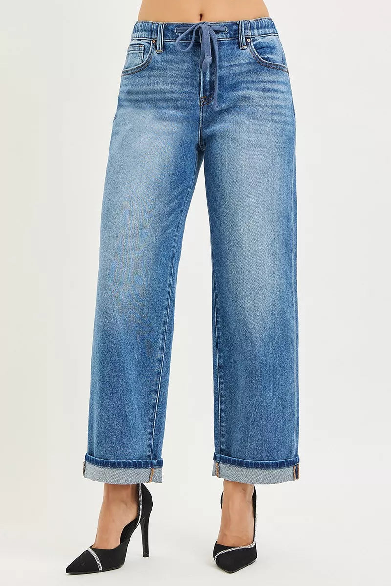 RISEN Elastic Band Slouch Ankle Boyfriend Cuffed Hem Jeans | STAHlin RADIANCE