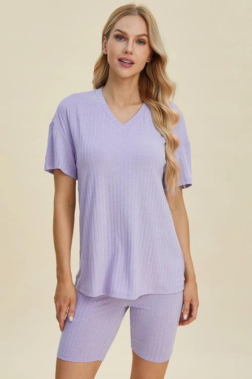 Basic Bae Full Size Ribbed V-Neck Short Sleeve Top and Shorts Set | STAHlin RADIANCE